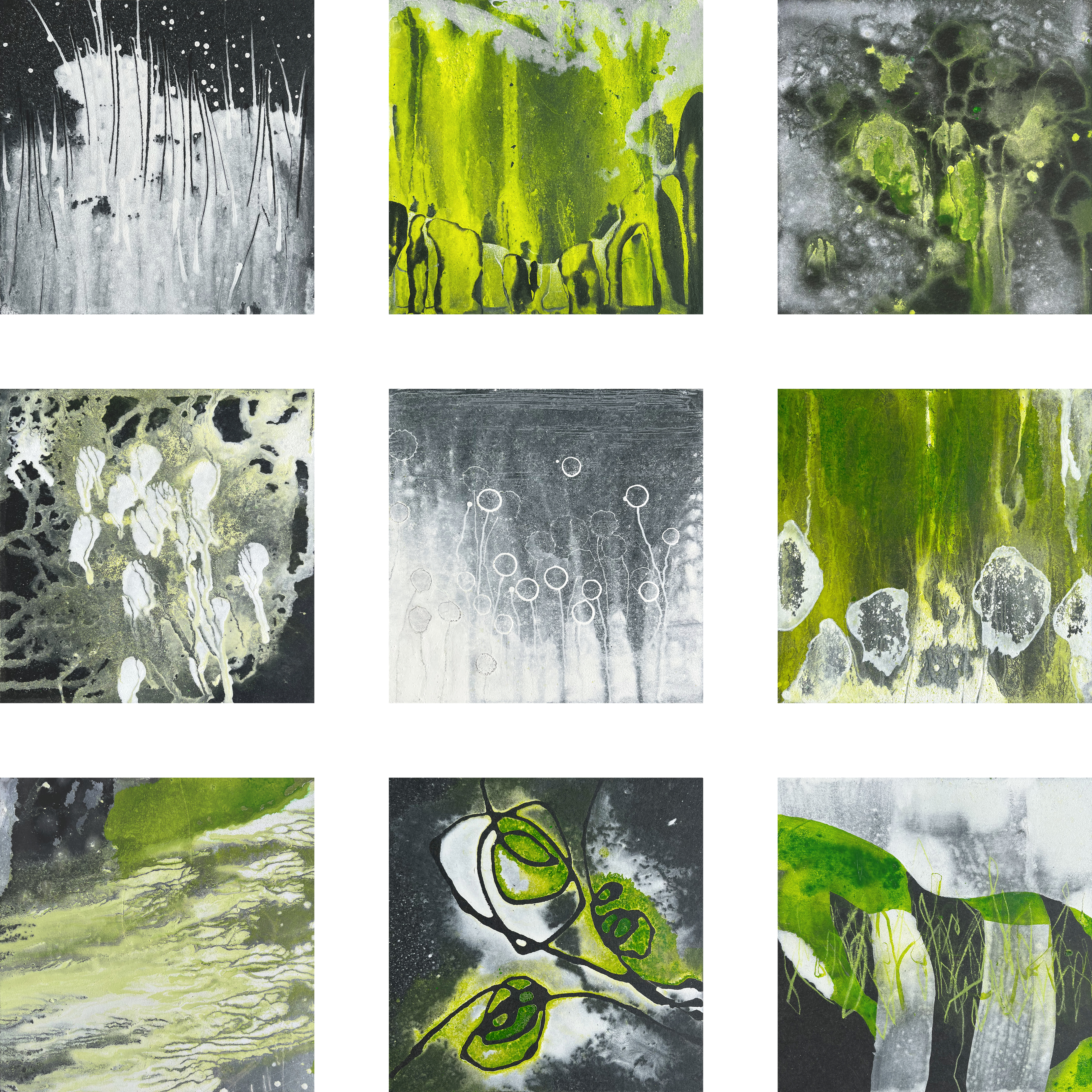 Karin Köpfli-Fehlmann Bremgarten AG: 2025 Serie Spurensuche «Frühling», 10-teilig, je 15 x 15 cm, Acryl und Marker auf Leichtschaumplatte 