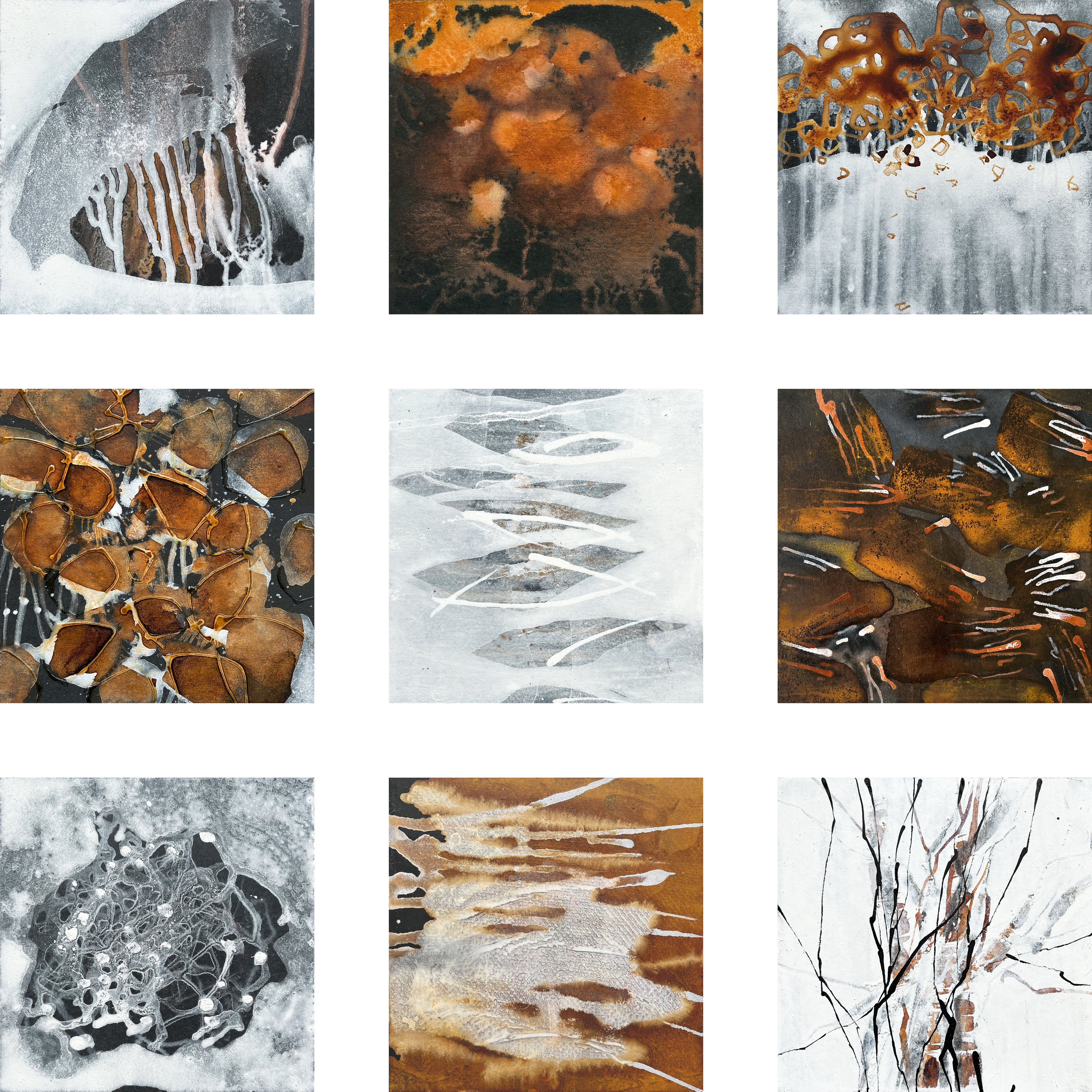 Karin Köpfli-Fehlmann Bremgarten AG: 2025 Serie Spurensuche «Herbst», 16-teilig, je 15 x 15 cm, Acryl und Marker auf Leichtschaumplatte 