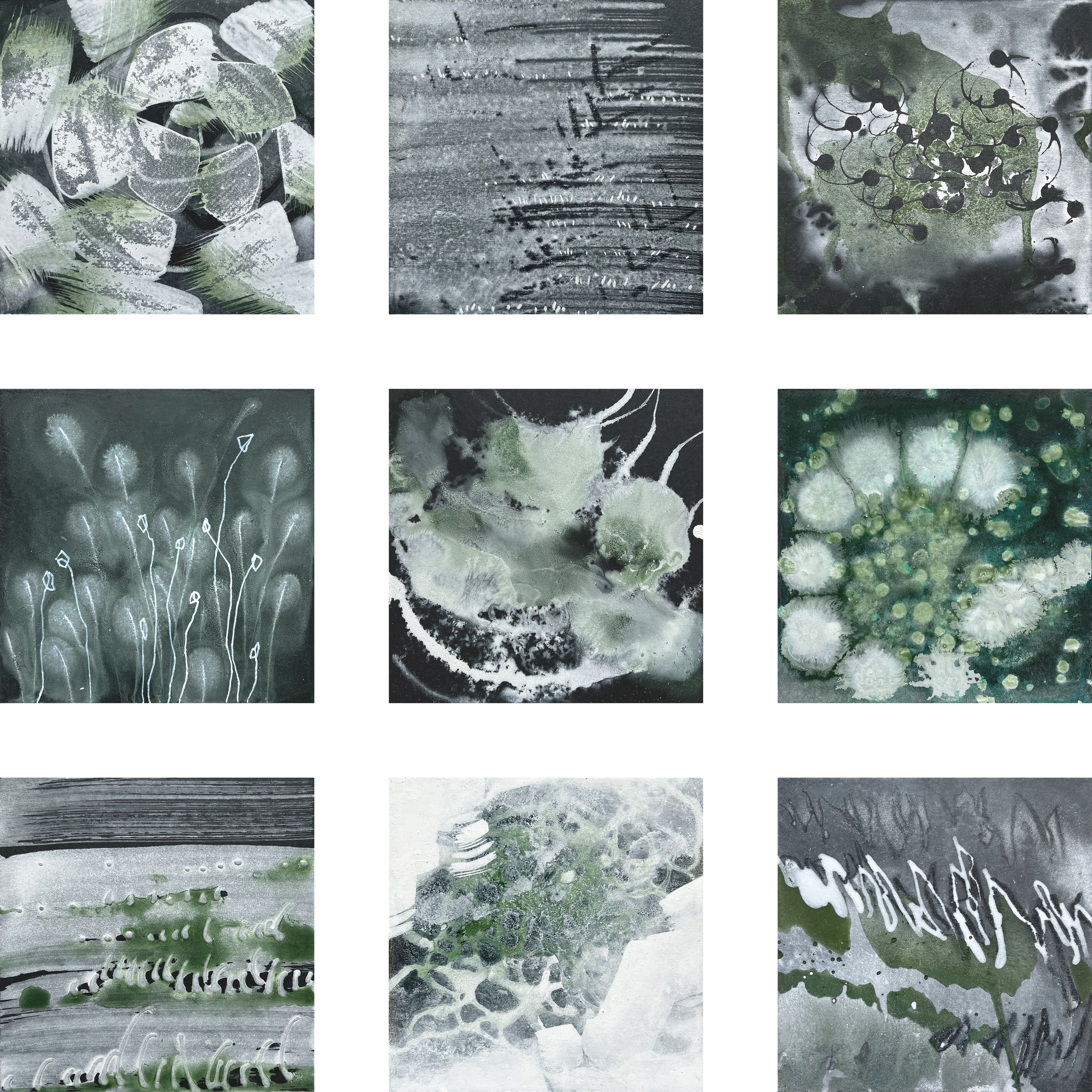 Karin Köpfli-Fehlmann Bremgarten AG: 2025 Serie Spurensuche «Sommer», 17-teilig, je 15 x 15 cm, Acryl und Marker auf Leichtschaumplatte 