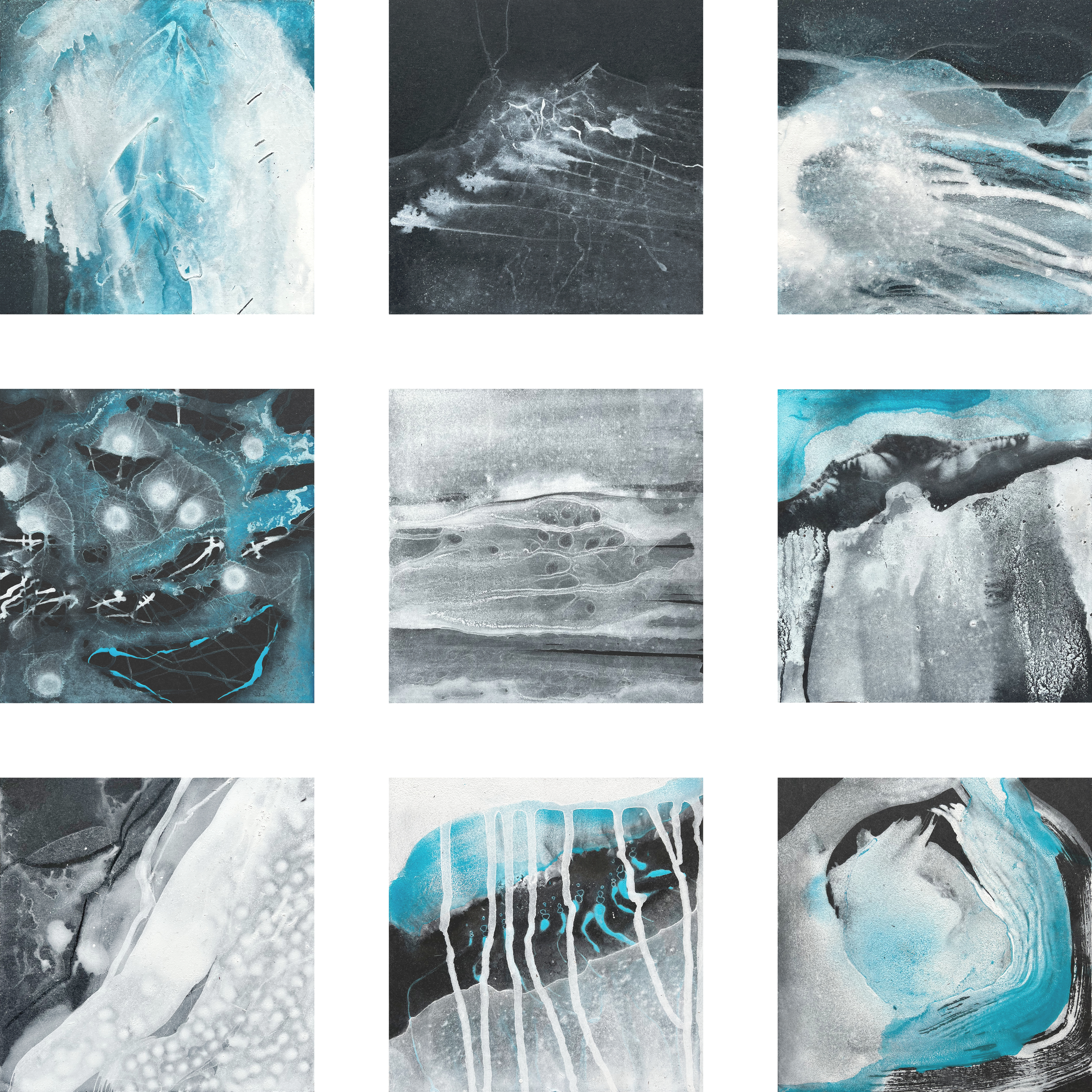 Karin Köpfli-Fehlmann Bremgarten AG: 2025 Serien Spurensuche «Winter», 13-teilig und «Finnland» 6-teilig, je 15 x 15 cm, Acryl und Marker auf Leichtschaumplatte 